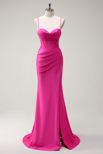 Fucsia Spaghetti Straps Mermaid Abito lungo da cerimonia con fessura